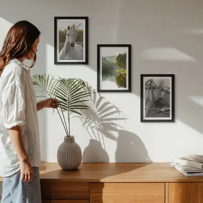 3-piece wall art set featuring white horses by the river in a nature landscape
