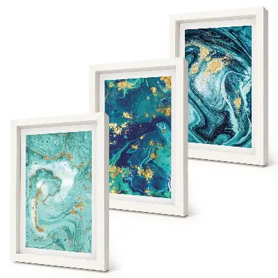 Turquoise abstraction of spilled paint framed triptych