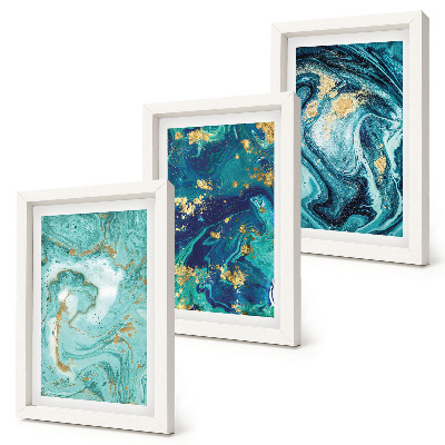 Framed triptych Turquoise abstraction of spilled paint