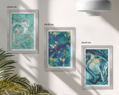 Framed triptych Turquoise abstraction of spilled paint