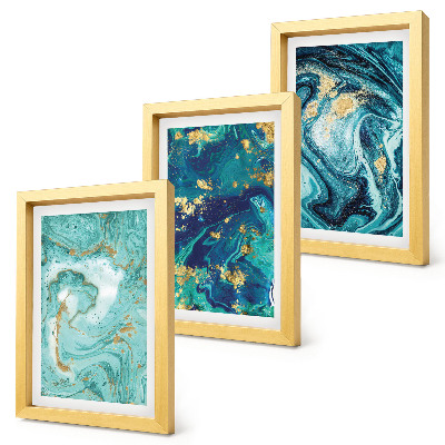 Framed triptych Turquoise abstraction of spilled paint
