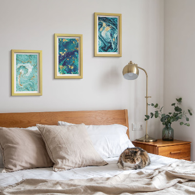 Framed triptych Turquoise abstraction of spilled paint