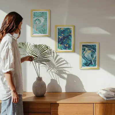 Turquoise abstraction of spilled paint framed triptych