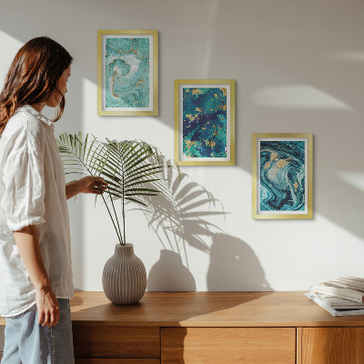 Framed triptych Turquoise abstraction of spilled paint