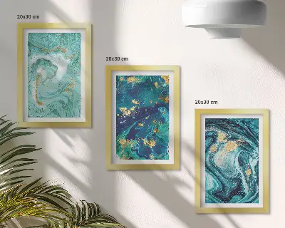 Turquoise abstraction of spilled paint framed triptych