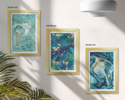 Framed triptych Turquoise abstraction of spilled paint