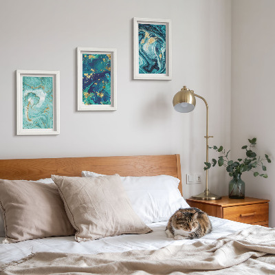 Framed triptych Turquoise abstraction of spilled paint