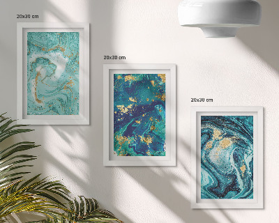 Framed triptych Turquoise abstraction of spilled paint