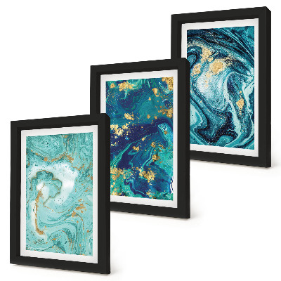 Framed triptych Turquoise abstraction of spilled paint