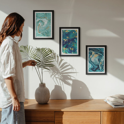 Framed triptych Turquoise abstraction of spilled paint