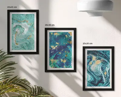 Turquoise abstraction of spilled paint framed triptych