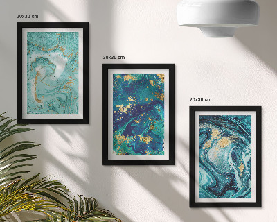 Framed triptych Turquoise abstraction of spilled paint