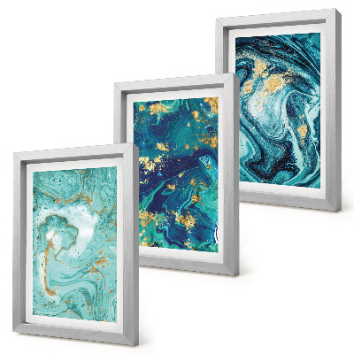 Framed triptych Turquoise abstraction of spilled paint