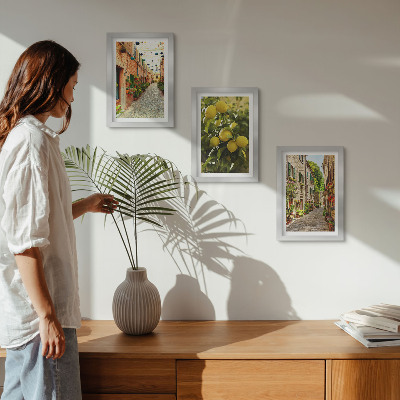 3-piece wall art set Charming streets with flowers and lemons in the background