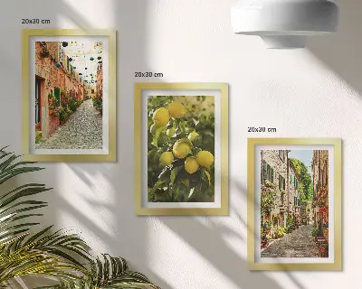 3-piece wall art set charming streets with flowers and lemons background