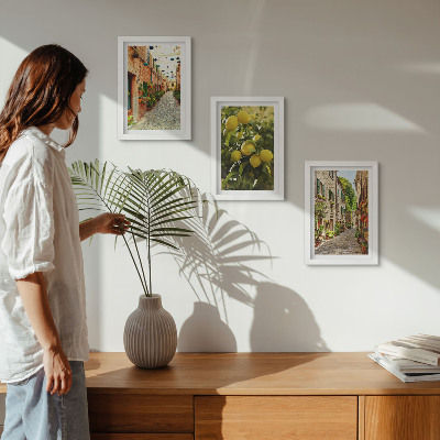 3-piece wall art set Charming streets with flowers and lemons in the background