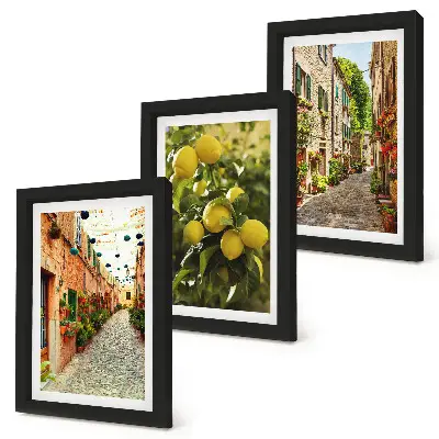 3-piece wall art set charming streets with flowers and lemons background