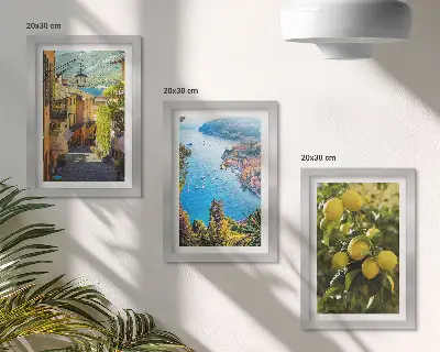 Photo frame wall featuring picturesque seaside streets with a view of the sea and lemons