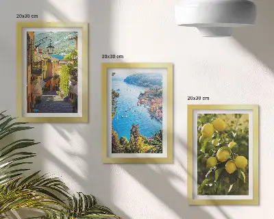 Photo frame wall featuring picturesque seaside streets with a view of the sea and lemons