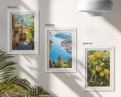 Photo frame wall featuring picturesque seaside streets with a view of the sea and lemons