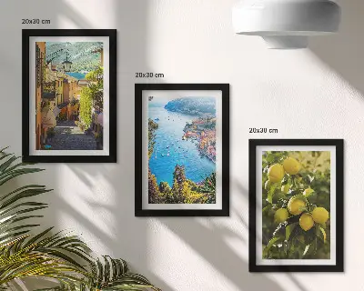 Photo frame wall featuring picturesque seaside streets with a view of the sea and lemons