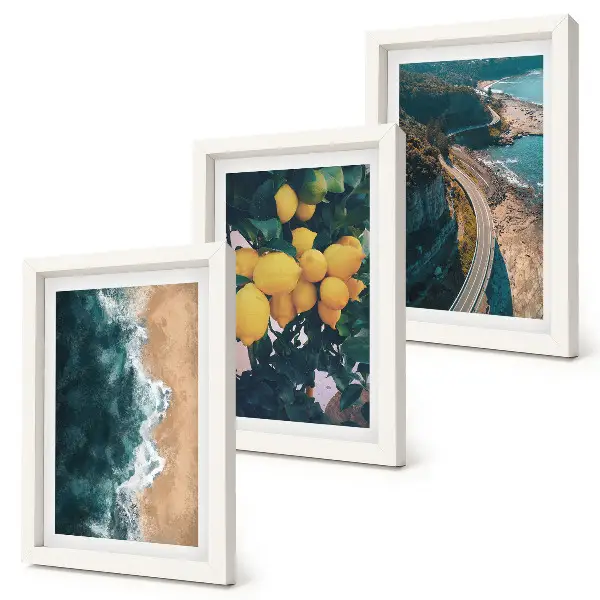 Sea beach landscape triptych framed artwork featuring lemons and a coastal road