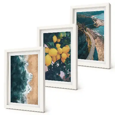 Sea beach landscape triptych framed artwork featuring lemons and a coastal road