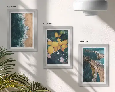 Sea beach landscape triptych framed artwork featuring lemons and a coastal road