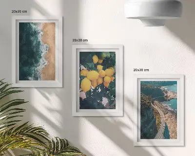 Sea beach landscape triptych framed artwork featuring lemons and a coastal road