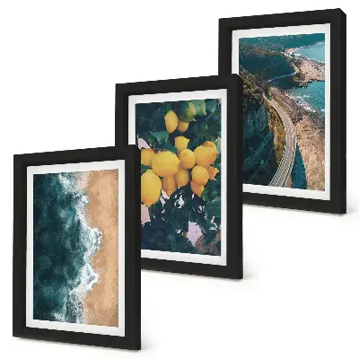 Sea beach landscape triptych framed artwork featuring lemons and a coastal road