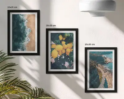 Sea beach landscape triptych framed artwork featuring lemons and a coastal road