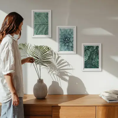 Photo frame wall with close-ups of succulent plants and leaves