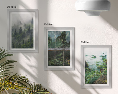 Framed triptych A forest in the fog, a river bank, and a greenhouse with plants