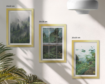 Framed triptych A forest in the fog, a river bank, and a greenhouse with plants