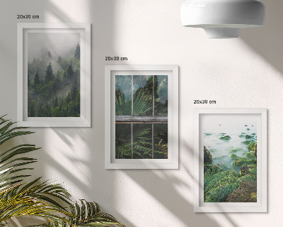 Framed triptych A forest in the fog, a river bank, and a greenhouse with plants