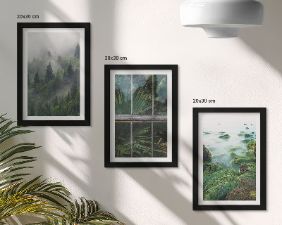 Framed triptych A forest in the fog, a river bank, and a greenhouse with plants