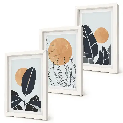3-piece wall art set plant patterns with large suns in a minimalist style