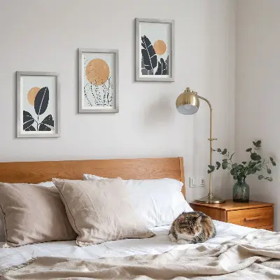 3-piece wall art set plant patterns with large suns in a minimalist style