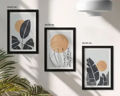 3-piece wall art set plant patterns with large suns in a minimalist style