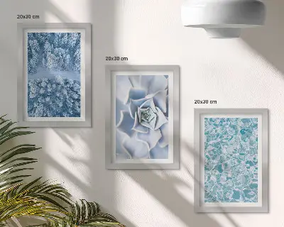 Photo frame wall with winter forest, blue flowers, and water surface print