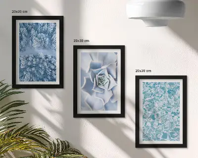 Photo frame wall with winter forest, blue flowers, and water surface print