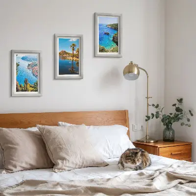 Seaside views triptych framed artwork with palm trees and blue water