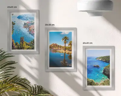 Seaside views triptych framed artwork with palm trees and blue water