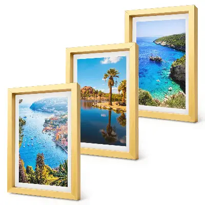 Seaside views triptych framed artwork with palm trees and blue water