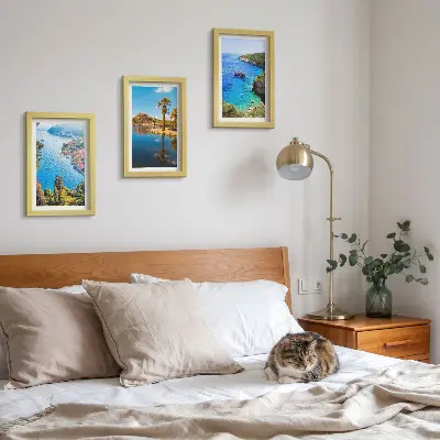 Seaside views triptych framed artwork with palm trees and blue water