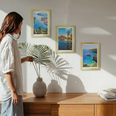 Seaside views triptych framed artwork with palm trees and blue water