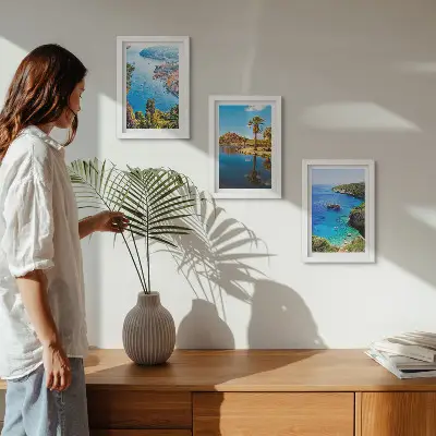 Seaside views triptych framed artwork with palm trees and blue water