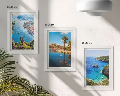 Seaside views triptych framed artwork with palm trees and blue water