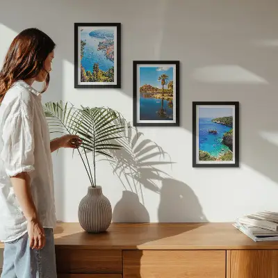 Seaside views triptych framed artwork with palm trees and blue water
