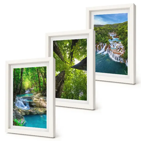 Photo frame wall featuring a green forest waterfall landscape with crystal clear water